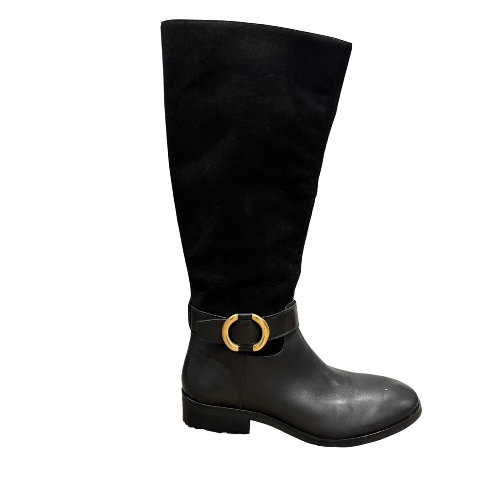 Vince Camuto Samtry Boots Women 9 Black Leather Suede Tall Knee High Riding Gold